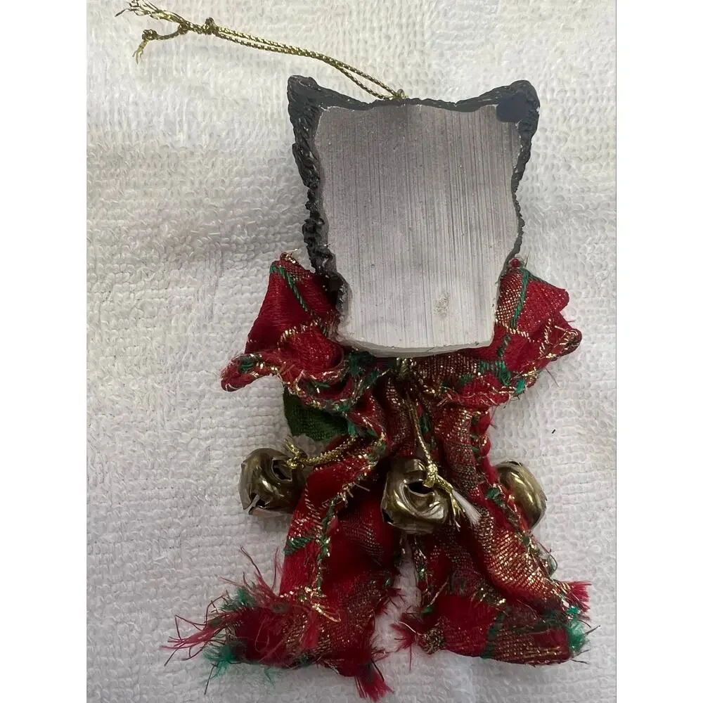 Vintage Style Tuxedo Cat Christmas Ornament Plaid Bow Jingle Bells 5” Chipped